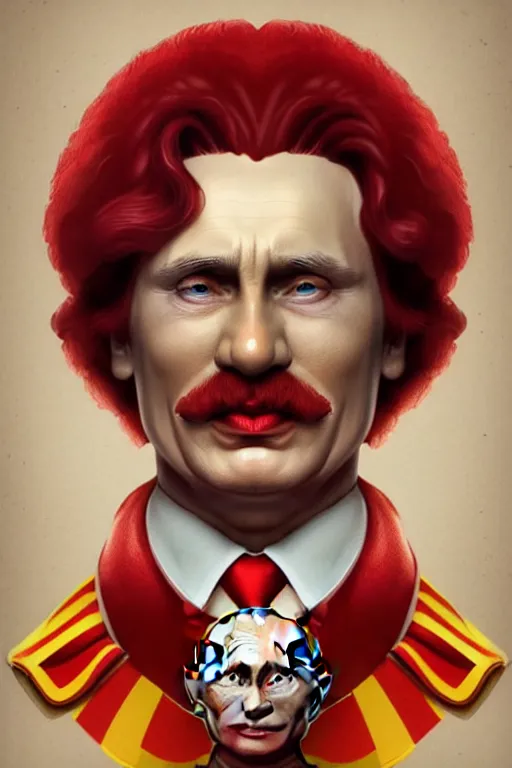 Image similar to vladimir putin as ronald mcdonald, 2 d portrait, symmetrical, highly detailed, digital painting, artstation, concept art, smooth, sharp focus, illustration, cinematic lighting, art by artgerm and greg rutkowski and alphonse mucha