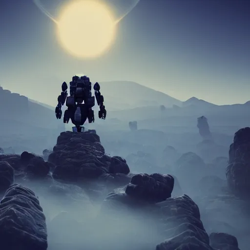 Image similar to a giant robot made out of rocks standing on mountains during foggy weather and a planet in the backround, award winning, trending on artstation, unreal engine