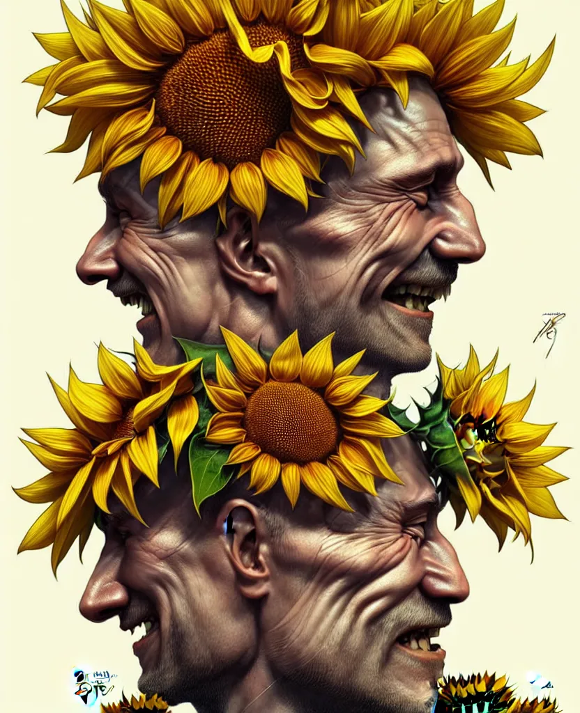 Image similar to digital art, centered full body of Putin smiling king, Sunflower crown, ,intricate, veins, by James Jean and by artgerm , by ross tran ultradetailed, charachter design, concept art, trending on artstation,