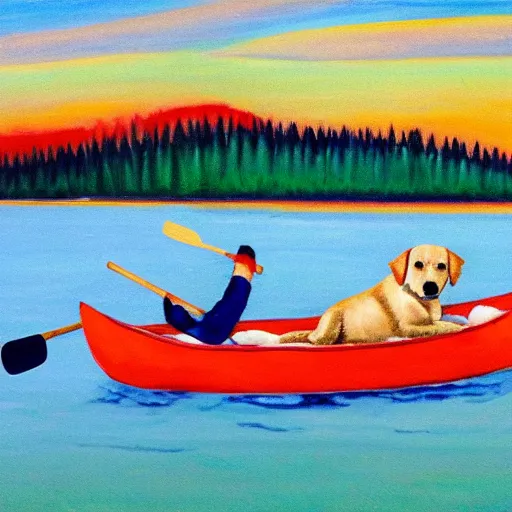 Image similar to golden retriever puppy canoeing, in the style of emily carr, group of seven,