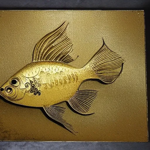 Image similar to ornate steampunk goldfish, gold and white etching, underwater, caustics