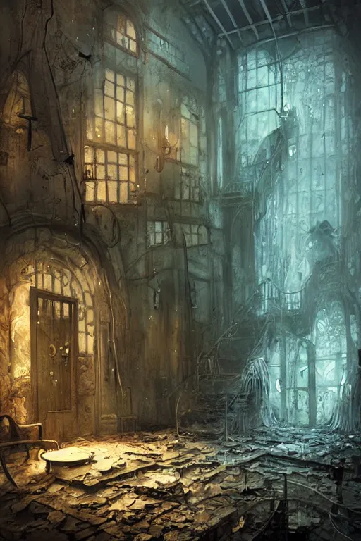 Image similar to Abandoned Laboratory Filled with Acid, digital art by Seb McKinnon, ArtGerm, WLOP, fantasy, magic, RPG, bossfight, darksouls