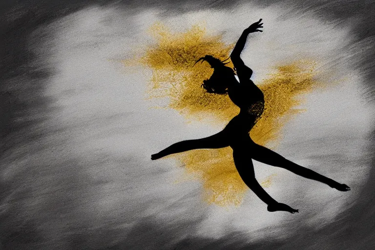 Image similar to beautiful serene gymnastics, healing through motion, life, minimalistic golden and ink airbrush painting on white background