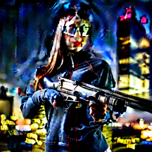 Image similar to photographic portrait of a techwear woman holding a shotgun, closeup, on the rooftop of a futuristic city at night, sigma 85mm f/1.4, 4k, depth of field, high resolution, full color, Die Hard, movies with guns, movie firearms