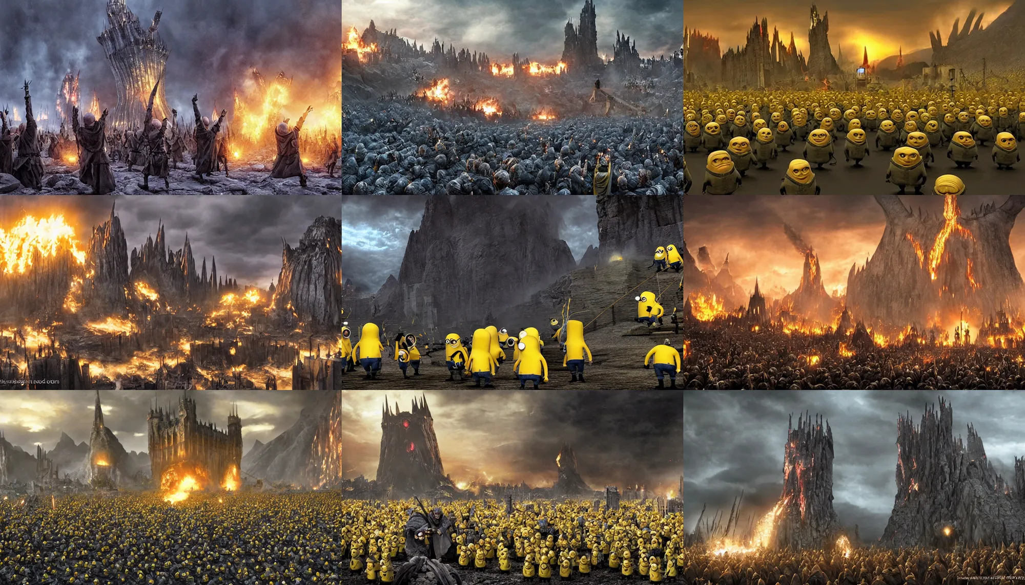 Prompt: gru's yellow minions attack on mordor gates, hyper realistic, highly detailed, dramatic lighting