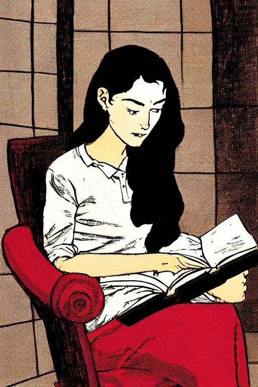 Image similar to a portrait of a girl reading a book, highly detailed, by frank miller, masterpiece, sharp focus, cinematic lightning