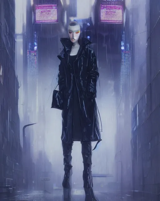 Image similar to detailed European Pretty Young Girl Storm Rain bladerunner movie Jacket coat, Futuristic sci-fi fashion, royal attire, low-emission-neon by ismail inceoglu dragan bibin hans thoma greg rutkowski Alexandros Pyromallis Nekro Rene Margitte illustrated Perfect face, sharp chine, fine details, realistic shaded, fine-face, pretty face