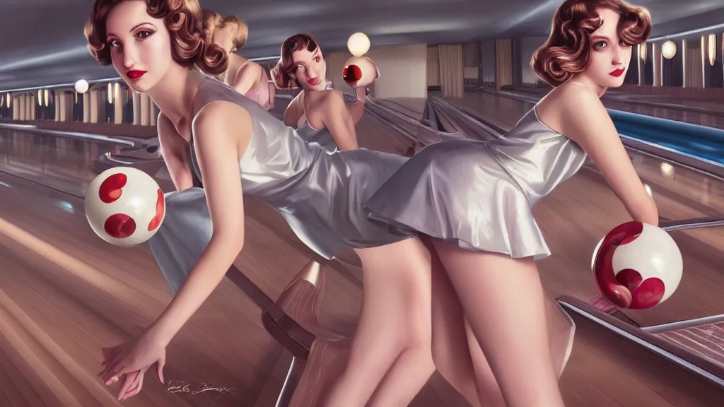 Image similar to art deco bowling alley, cute girls bowling, photo, ultra detail, photoreal, professionally retouched, soft moonlight lighting, shiny plastic miniskirt, realistic, smooth face, goddess, luscious lips, perfect eyes, wide angle, sharp focus on eyes, 8 k high definition, insanely detailed, intricate, elegant, art by artgerm and wlop