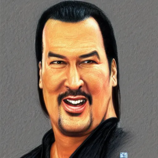 Image similar to a pastel drawing of early 90's Steven Seagal with a big smile on his face, highly detailed, bright, trending on artstation