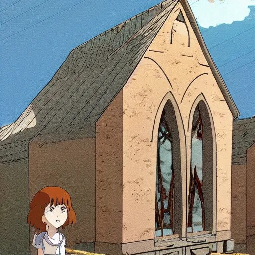 Prompt: ghost of a young girl, a burnt out church, cel shaded, studio ghibli