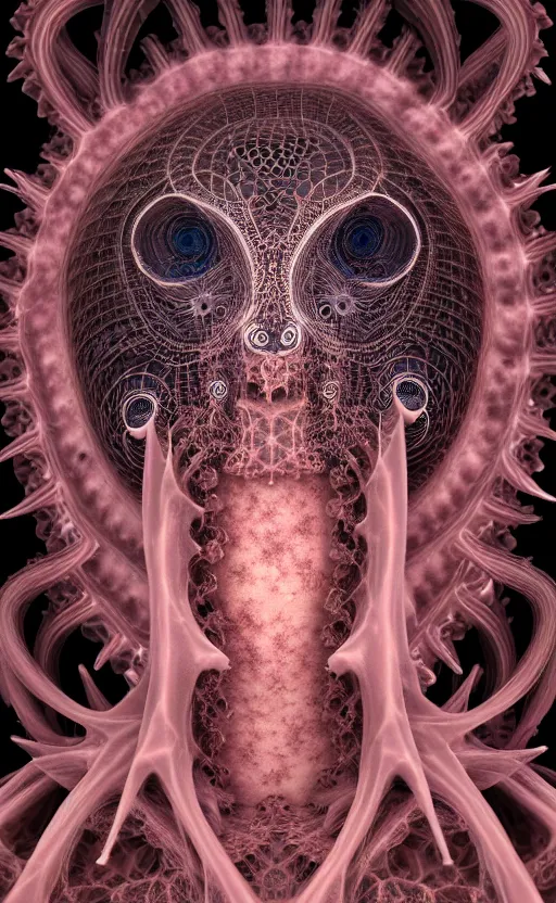 Image similar to gothic goddess intricate mask, eagle coral, jelly fish, mandelbulb 3 d, fractal flame, octane render, cyborg, biomechanical, futuristic, by ernst haeckel