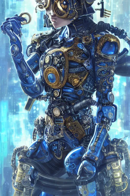 Image similar to Portrait of a steampunk sci-fi cyborg ninja, third person, D&D, sci-fi fantasy, intricate, blue and gold, highly detailed , art by Range Murata, highly detailed, 3d, octane render, bright colors, digital painting, trending on artstation, sharp focus, illustration style of Stanley Artgerm,