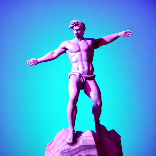 Image similar to unreal engine octane render houdini hyperreallistic render 8k marble statue of hercules vaporwave blue and pink neon background