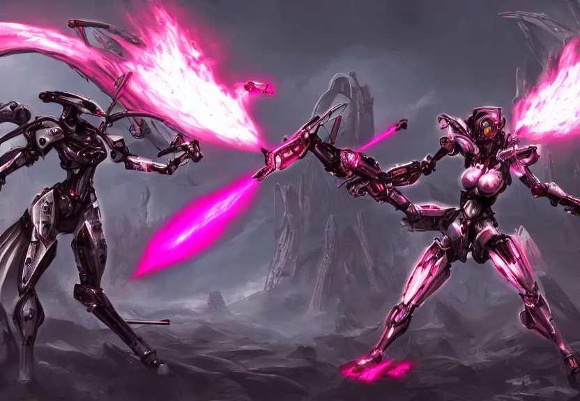 Image similar to epic cinematic shot of stunning beautiful hot anthropomorphic mecha female dragon fighting in the nuclear war with laser rifle, has silver armor and fuchsia skin, skeletons riddling the ground, bleak, warframe fanart, terminator art, epic scale, furaffinity, deviantart, octane