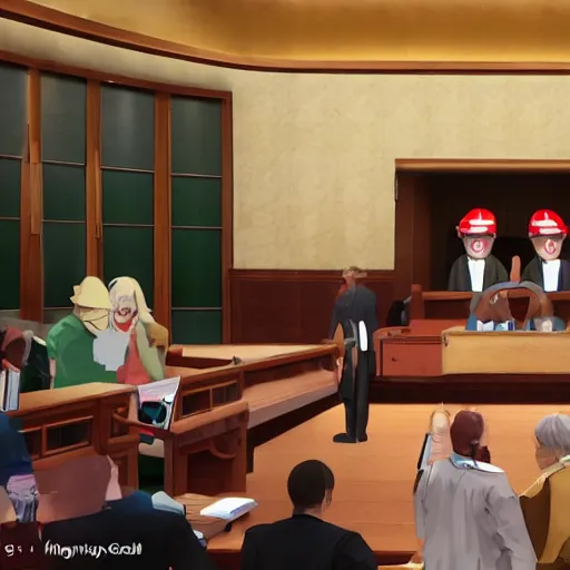 Image similar to sentient hot dog in courtroom trial, anime style, 4k, detailed, jury of condiments, suits and hats, volumetric lighting