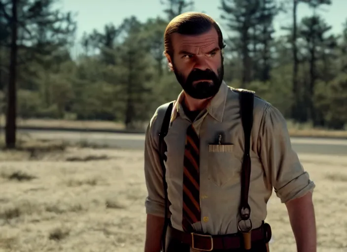 Image similar to film still of jim hopper as joyce byers in stranger things, 8 k