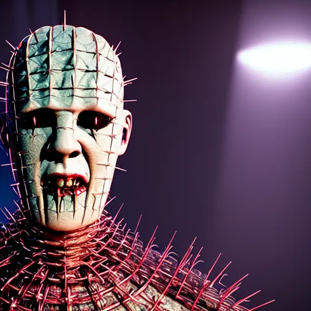 Prompt: pinhead from hellraiser movie, 8 k ultra realistic, lens flare, atmosphere, glow, detailed, intricate, full of colour, led lighting, 4 k, hyperrealistic, focused, extreme details, unreal engine 5, masterpiece