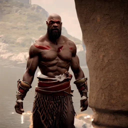 Image similar to Djimon Hounsou as kratos, 8k, cinematic, unreal engine