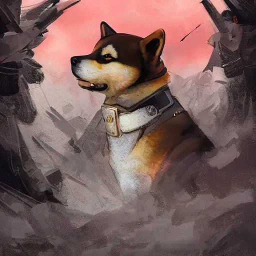 Image similar to portrait of a communist shiba inu dog as a soviet officer, tragic, elegant, fantasy, hd shot, digital portrait, beautiful, artstation, comic style, by artgerm, guy denning, jakub rozalski, magali villeneuve and charlie bowater