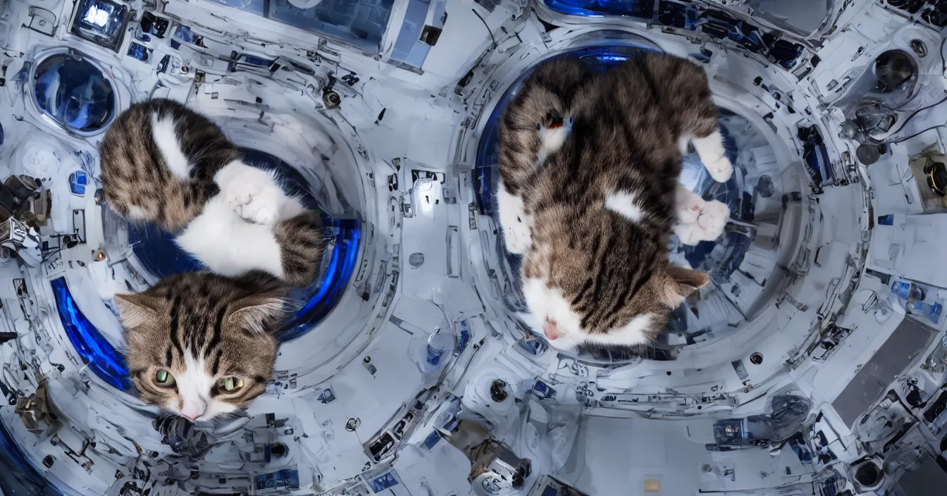 Prompt: Photo of a cat floating inside the International Space Station in zero gravity, highly-detailed 4K award-winning cinematic