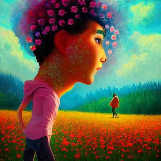 Prompt: girl with a mega flower as a face, surreal photography, dream, standing in flower field, hills, big trees, sunrise dramatic light, impressionist painting, colorful clouds, digital painting, pointillism, artstation, simon stalenhag, flower face