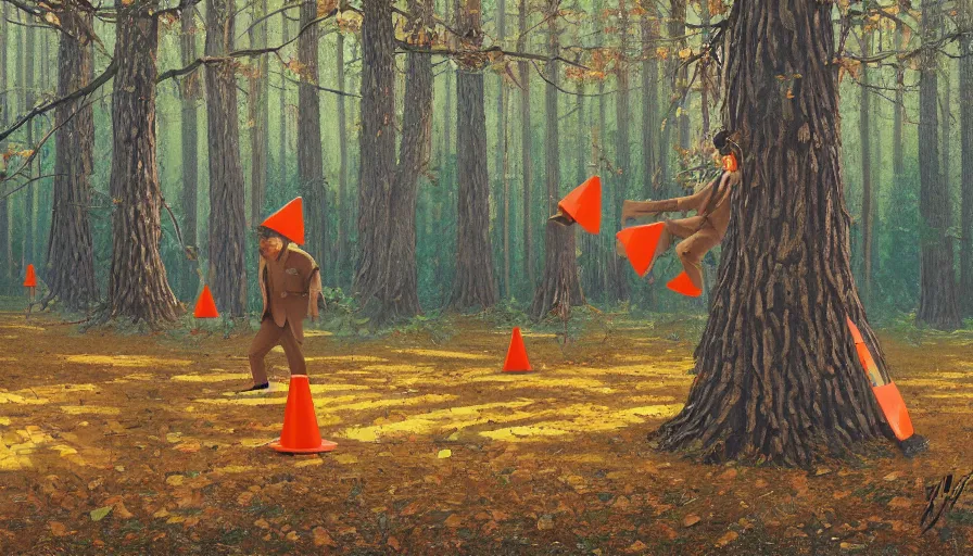 Image similar to safety cones scattered around an oak tree forest, man in bigfoot costume in the distance dancing, by james jean by ilya kuvshinov kintsugi, hyper detailed surrealist painting