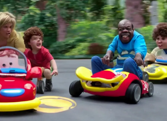 Image similar to peter dinklage racing gary coleman driving a little tikes cars, movie still, from the new fast and furious movie, 8 k, realistic