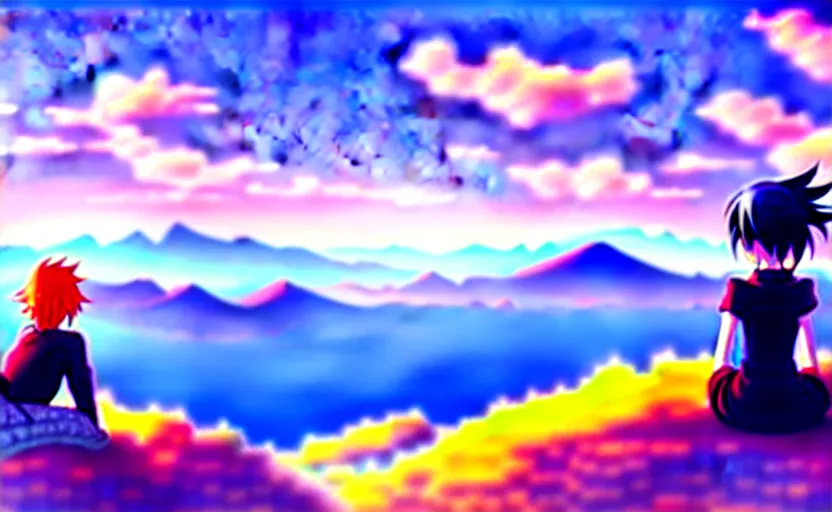 Image similar to An anime girl sitting atop a mountain, overlooking a vast kingdom, anime scenery by Makoto Shinkai, digital art, 4k