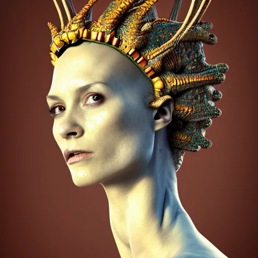 Image similar to a color high quality photo of a young beautiful female queen-dragon-cyborg bust with a very long neck and Mandelbrot fractal face, Mandelbrot fractal skin, flesh, anatomical, facial muscles, veins, arteries, elegant, highly detailed, flesh highly baroque ornate, hair are wired cables, elegant, high fashion, rim light, octane render, in the style of H.R. Giger and Flora Borsi, Realistic, Refined, Highly Detailed, Cinematic Lighting, rim light, photo-realistic, 8K