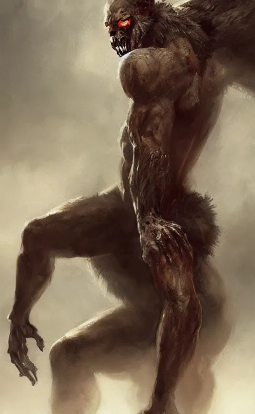 Image similar to Portrait of a zombie werewolf sitting down, male, muscular, bare thighs!!!, simple clothing!!!!!, fantasy, medieval, highly detailed, cinematic lighting, digital art painting by greg rutkowski