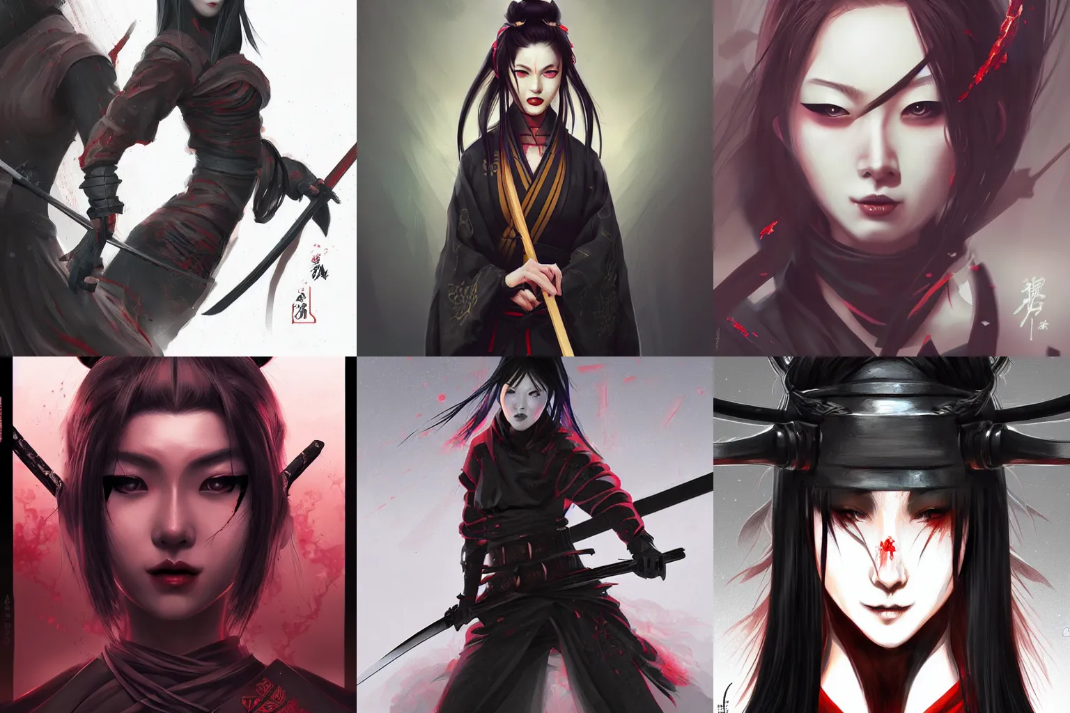 Prompt: samurai woman in black, bloodthirsty, katana, agony, digital illustration, artstation, painted by artgerm, guweiz