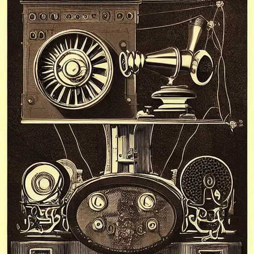 Prompt: “Old steampunk gramophone with antique loudspeakers and lots of wires. Dark, intricate, highly detailed, smooth, 18th century poster in style of Geiger”