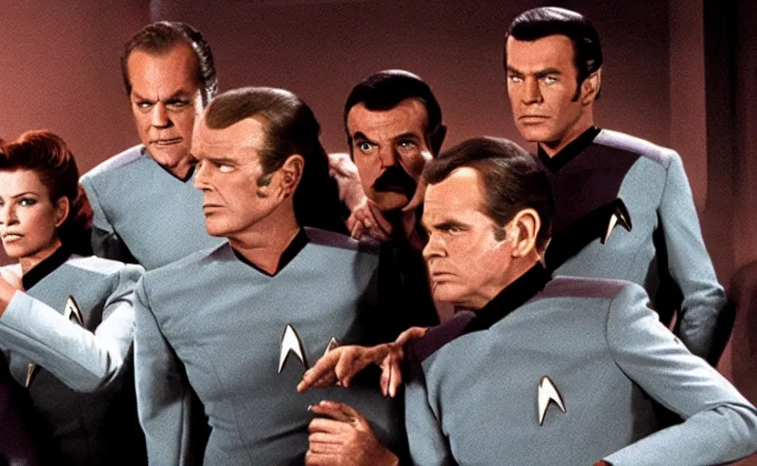 Image similar to a dramatic still from an episode of star trek. all characters are played by jack nicholson.