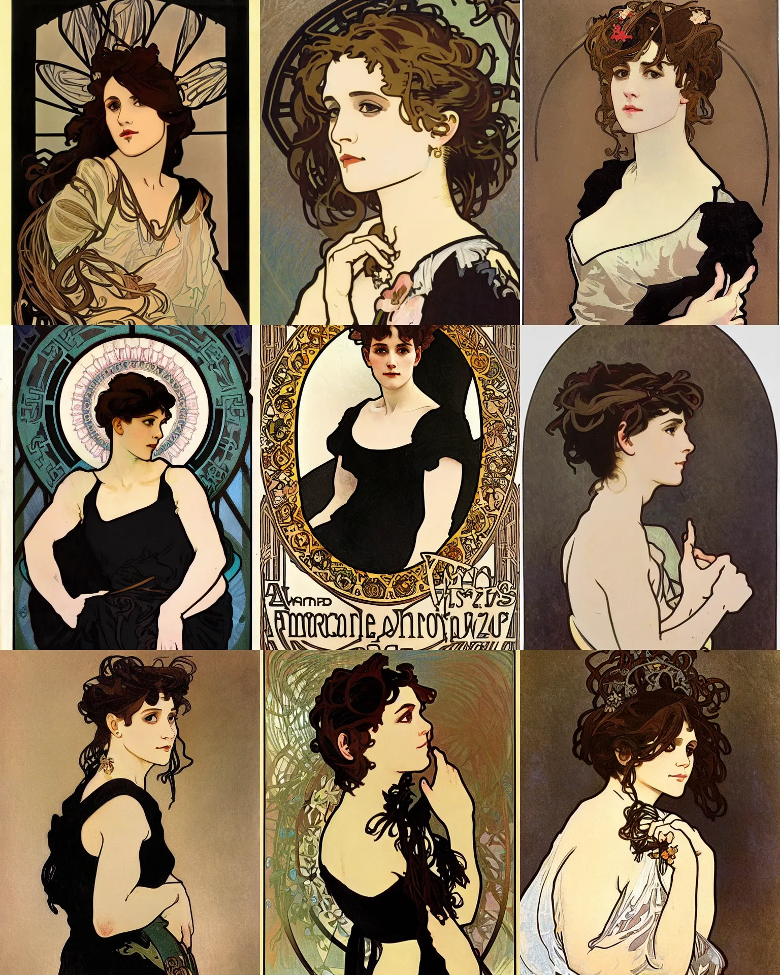 Prompt: A portrait by Alphonse Mucha. Her hair is dark brown and cut into a short, messy pixie cut. She has a slightly rounded face, with a pointed chin, large entirely-black eyes, and a small nose. She is wearing a black tank top, a black leather jacket, a black knee-length skirt, a black choker, and black leather boots.