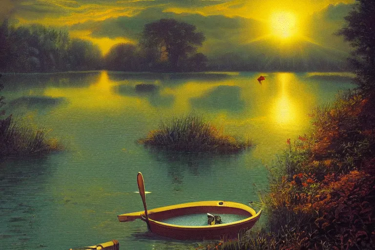 Image similar to fork lake, painted by darrell k. sweet and edd cartier, trending on artstation, moon light fish eye illustrator, bokeh, magic realism, dutch golden age, expressionism