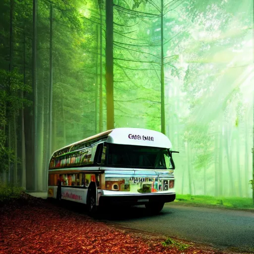 Image similar to very creative livery on big commercial bus in misty forest scene, the sun shining through the trees