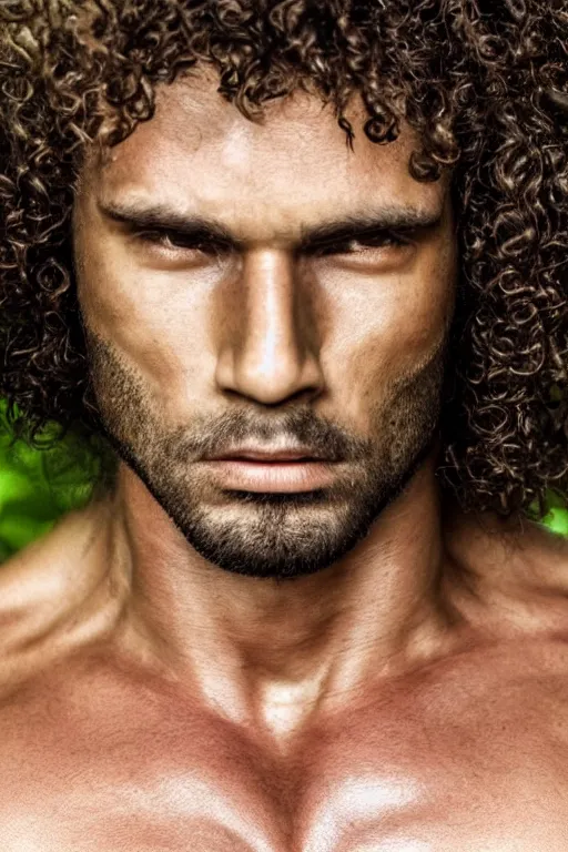 Image similar to ultra close up, portrait of a muscular man, chiseled features, beautiful flowing brown curly hair, mythological, god of nature, defined muscles, artsy photography, film photo, 4 k, model posing, deep tan skin, trending on artstation, fashion photography, yellow eyes, overgrown background, dryad, verdant forest, face