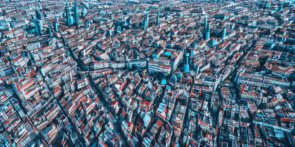 Image similar to drone view of a Germany Berlin city with a large road through, Brutalist architecture,Cyberpunk,sharp focus,telephoto lens,3D digital art 4k