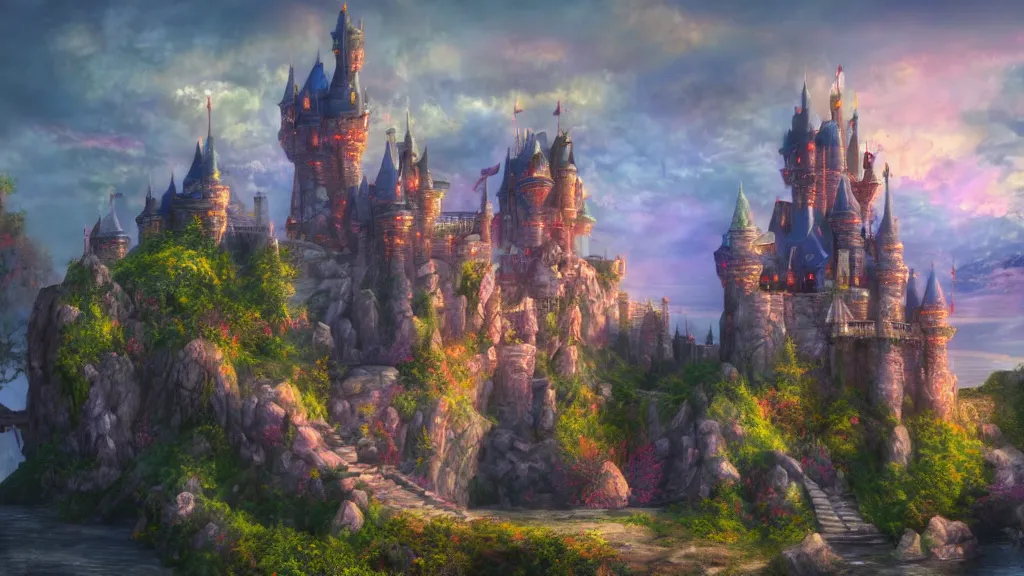 Image similar to fantasy castle, pastel artwork, very very very beautiful scenery, hd, hdr, ue5, ue6, unreal engine 5, cinematic 4k wallpaper, 8k, ultra detailed, high resolution, artstation, award winning