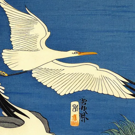 Image similar to a flying egret, traditional japanese tattoo illustration by hiroshige