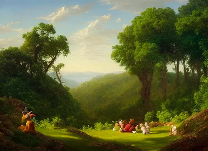 Prompt: american realist romanticism landscape painting of winnie the pooh characters in the style of hudson river school and thomas cole and albert bierstadt and robert duncanson