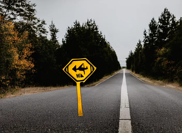 Image similar to photo still of two street signs on a country road shaped like arrows pointing left and right with the words left on one and right on the other, 8 k 8 5 mm f 5. 6