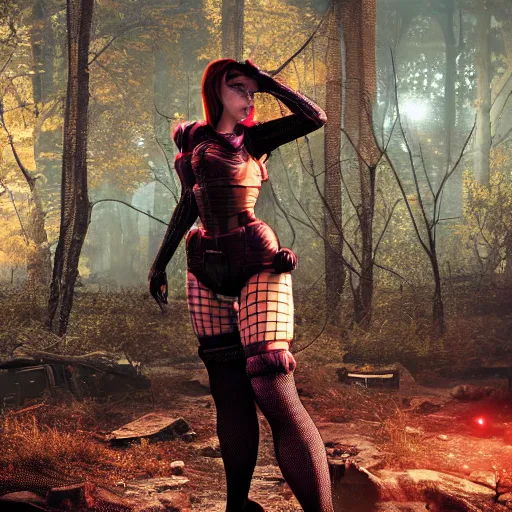 Image similar to A girl in fishnet stockings and power armor stands against the background of a radioactive forest, graphics, fallout 4 render, 3d computer render, maximum details, rain, night, spotlight,