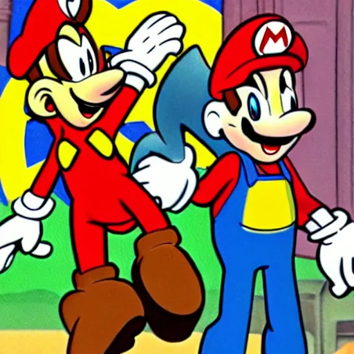 Image similar to 1940s disney film about super mario and sonic the hedgehog