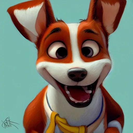 Prompt: jack russel terrier character shocked, pixar, disney, zootopia, up, concept art, sketch, trending on artstation, graphic novel, childrens illustrated storybook, by alphonse mucha and cory loftis and matthias lechner