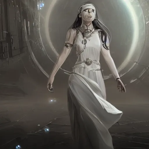 Prompt: a mystic goddess with white dress and marks on face laying in a huge sci - fi corridor surrounding with foes, digital art, concept art, trending on artstation, 8 k detailed, dramatic lighting