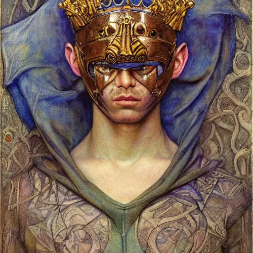 Prompt: the masked prince wearing the plasma crown, by Annie Swynnerton and Diego Rivera and Elihu Vedder, symbolist, dramatic lighting, elaborate geometric ornament, tattoos, Art Brut, soft cool colors,smooth, sharp focus, extremely detailed, Adolf Wölfli and Donato Giancola