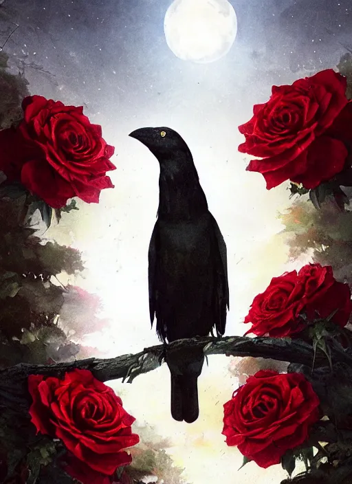 Image similar to portrait, A crow with red eyes in front of the full big moon, book cover, red roses, red white black colors, establishing shot, extremly high detail, foto realistic, cinematic lighting, by Yoshitaka Amano, Ruan Jia, Kentaro Miura, Artgerm, post processed, concept art, artstation, raphael lacoste, alex ross, portrait, A crow with red eyes in front of the full big moon, book cover, red roses, red white black colors, establishing shot, extremly high detail, foto realistic, cinematic lighting, by Yoshitaka Amano, Ruan Jia, Kentaro Miura, Artgerm, post processed, concept art, artstation, raphael lacoste, alex ross