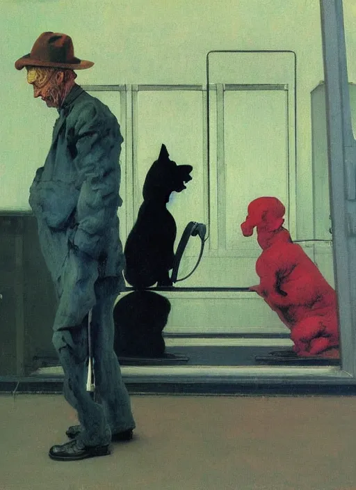 Prompt: two figures and a black dog at gas station with portable oxygen tank in the style of Francis Bacon and Zdzislaw Beksinski, Edward Hopper and Norman Rockwell, highly detailed, very coherent, triadic color scheme
