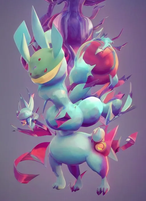 Image similar to colourful caricature - 3 d vfx art - of a pokemon, art style by james jean & hsiao - ron cheng, character concept art, unreal engine render, digital illustration, sharp, intricate detail, volumetric light, ray tracing, soft light, symmetric, pinterest, artstation, behance,